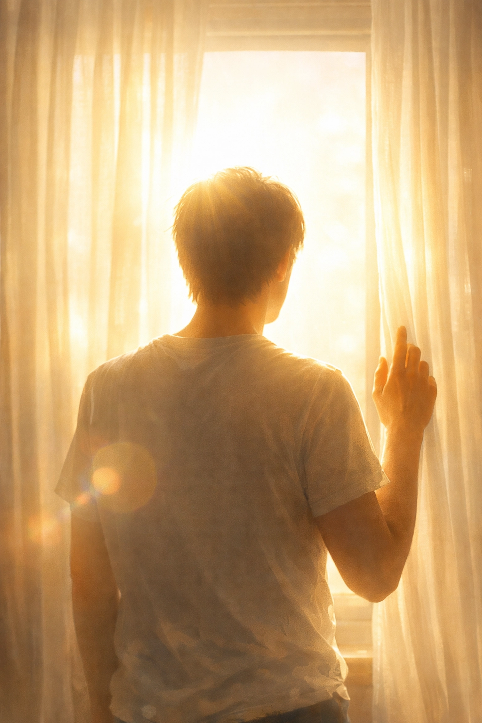 Person standing at window in morning light reflecting on faith and grace