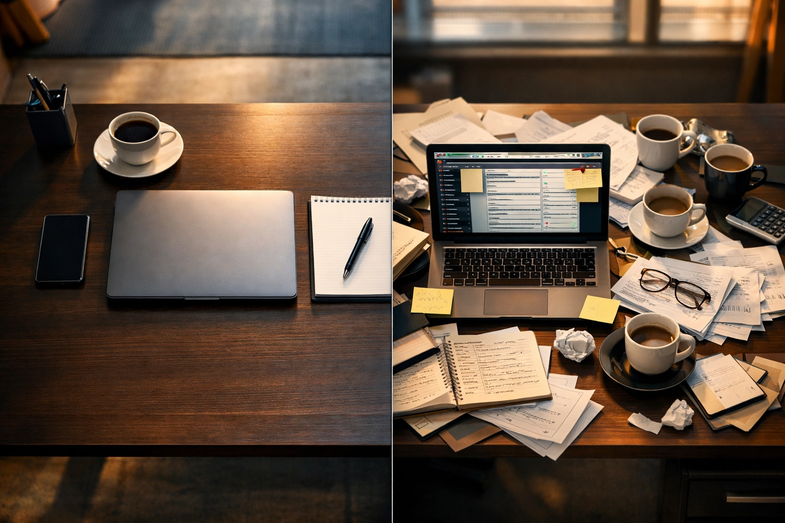 Organized vs cluttered executive desk showing decision-making clarity decline after divorce