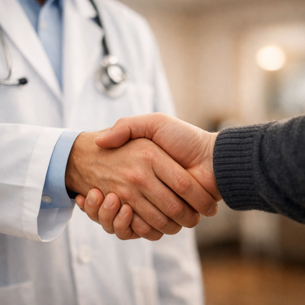 Professional handshake between a chiropractor and patient representing trust and positive reviews.