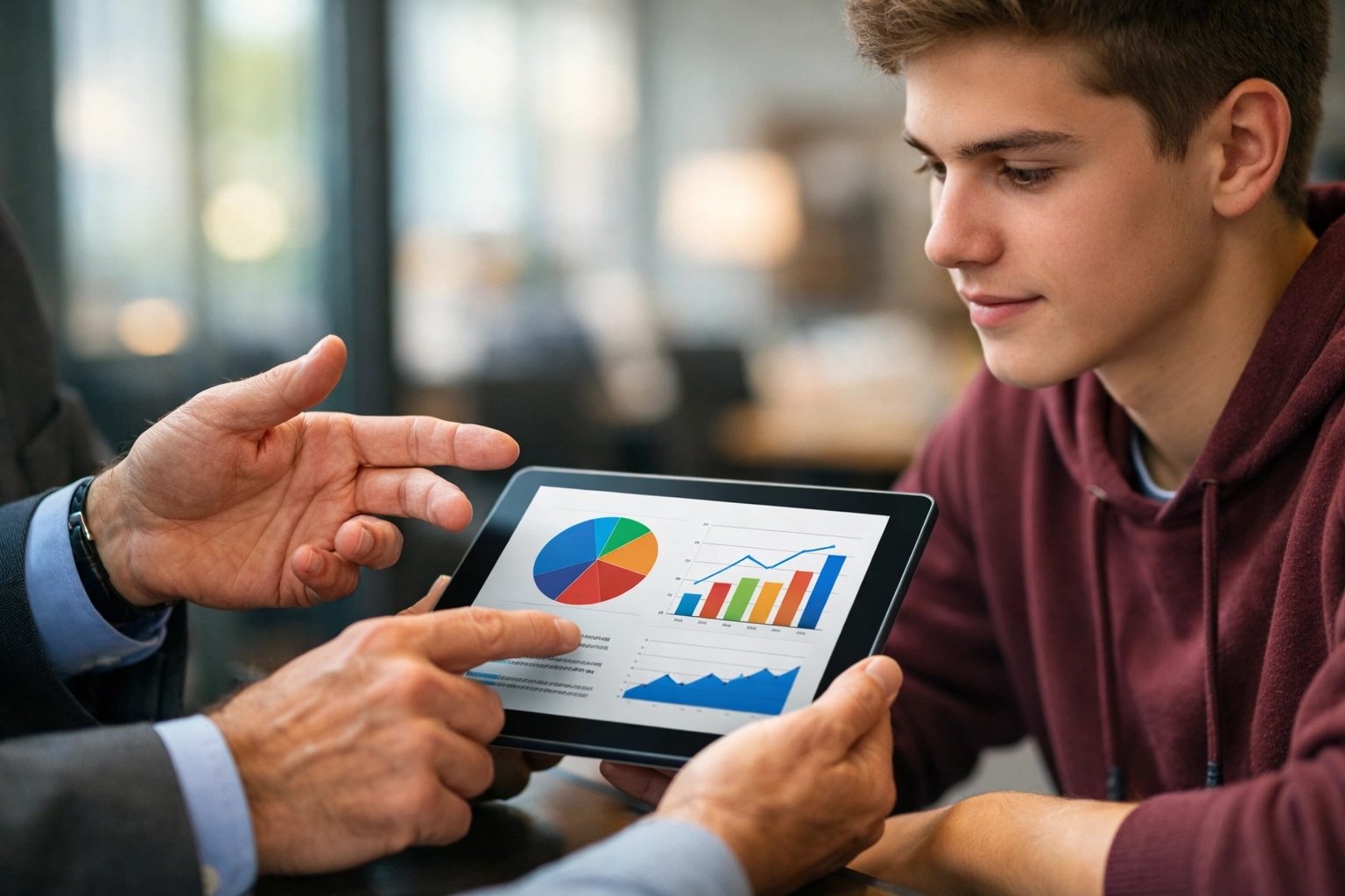 Mentor guiding high school student in career development and technical skills training