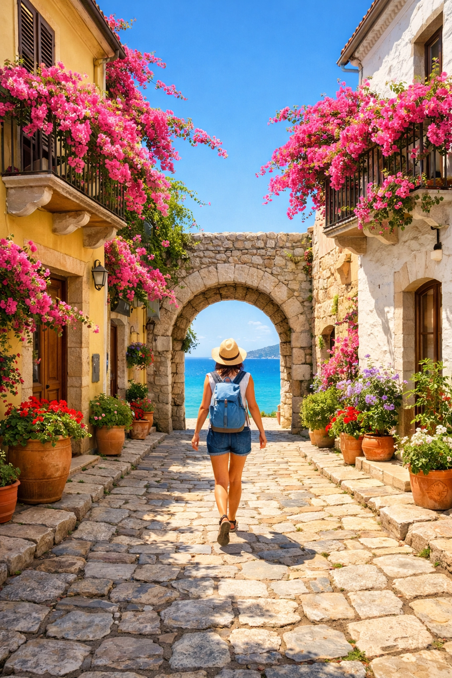 A traveler walking through a scenic Mediterranean village while planning for 2026 ETIAS entry requirements.