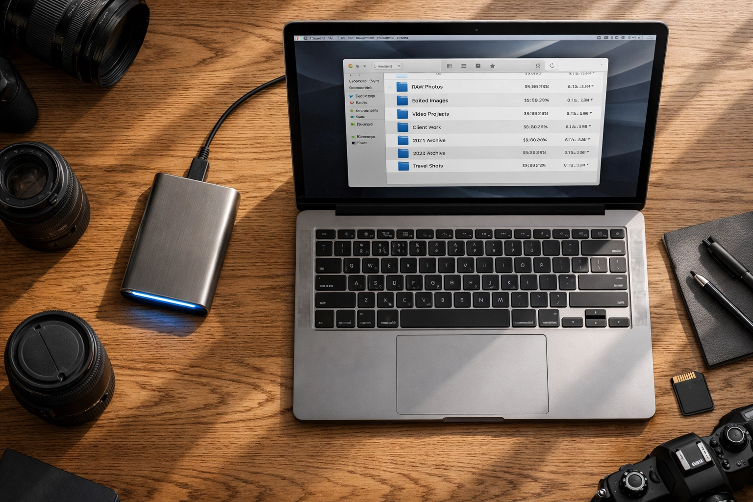 Organized photographer's desk with a laptop and SSD, showing file management for AI editing workflow.