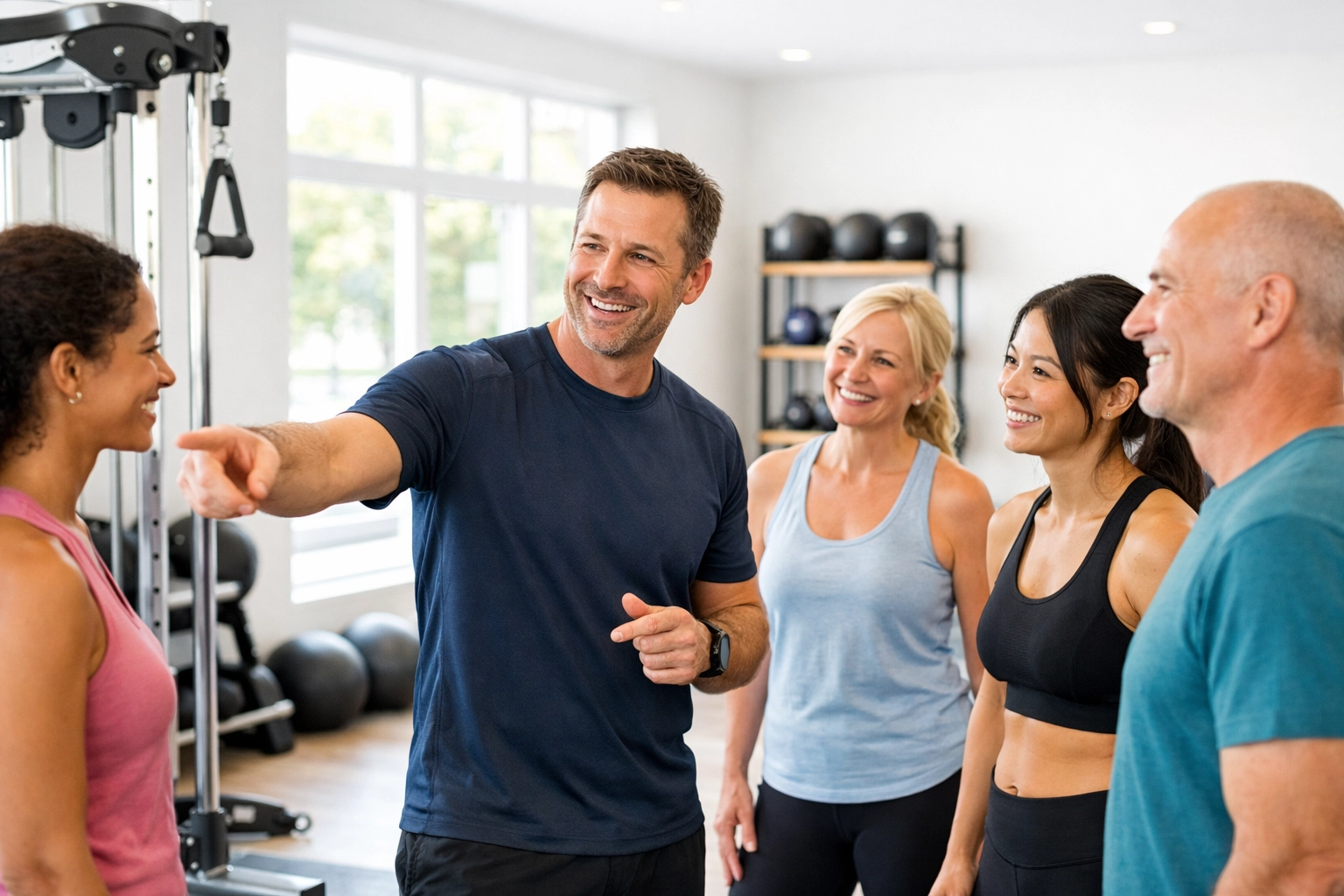 Bournemouth personal trainer leading a small group training session in a bright, modern boutique fitness studio.