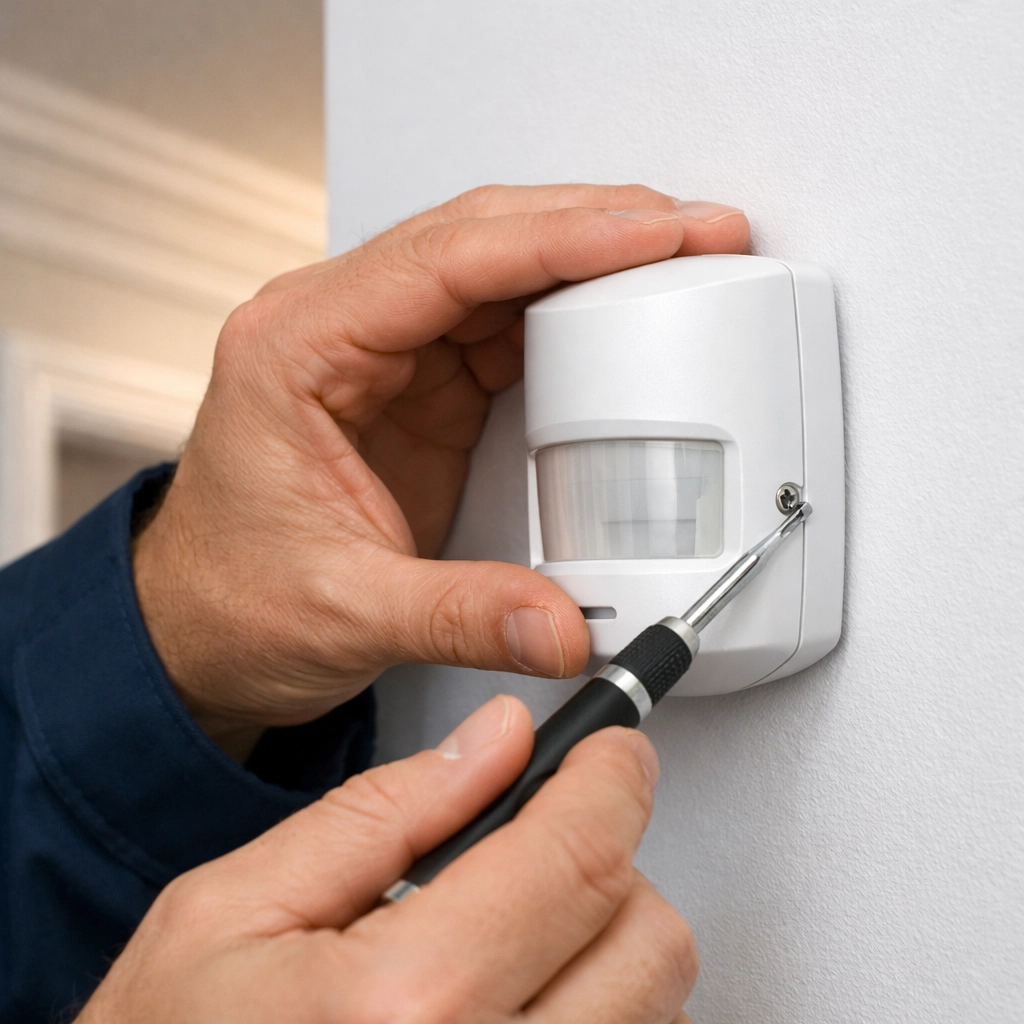 Expert intruder alarm installation in Poole showing a technician fitting a PIR motion sensor.