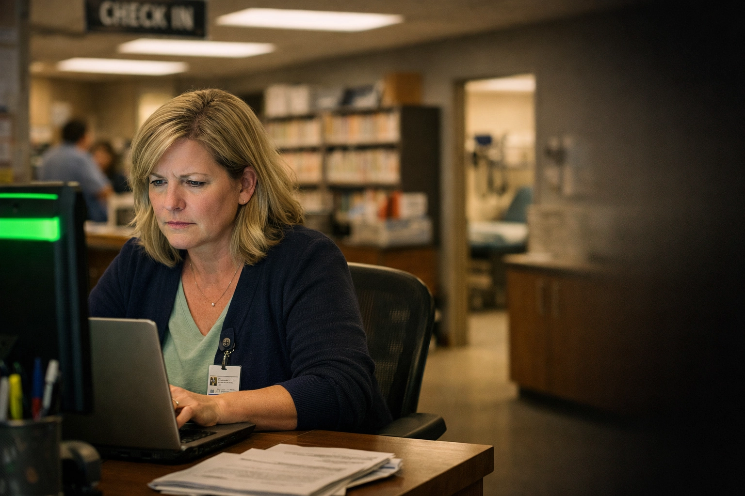 Healthcare clinic administrator managing cybersecurity on laptop at Lincoln Nebraska medical office