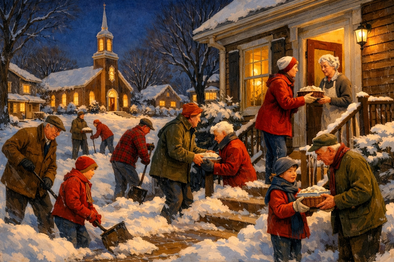 Midwest neighbors helping during winter storm with church glowing in background