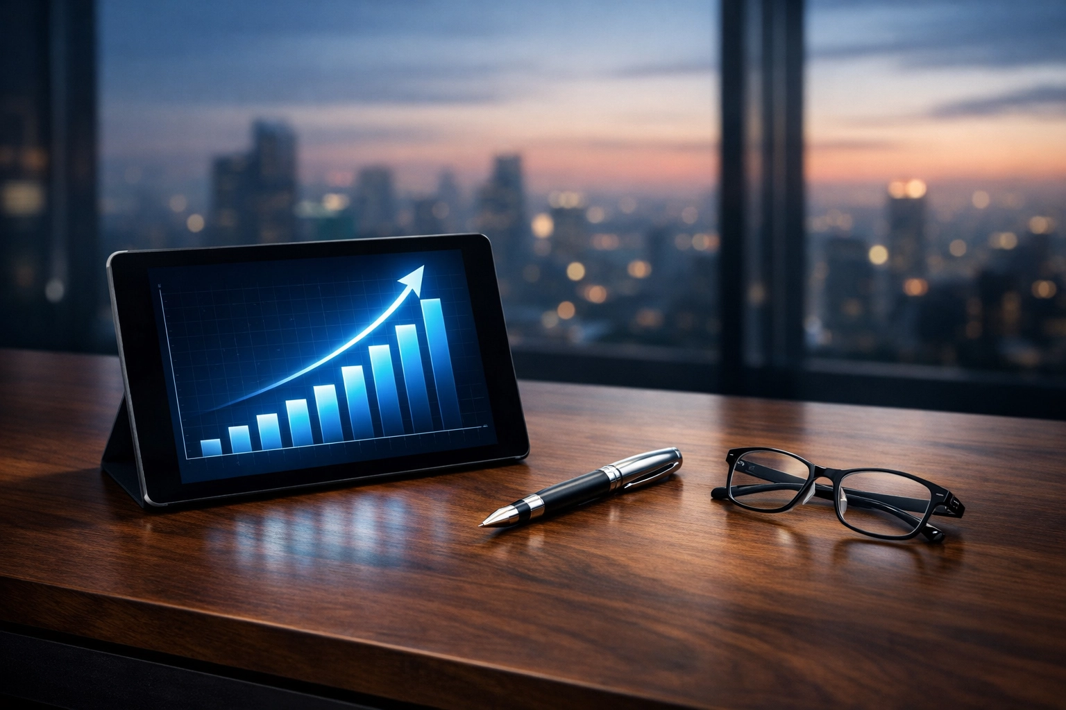 Executive desk with a tablet showing business growth charts for 2026 expansion strategy.