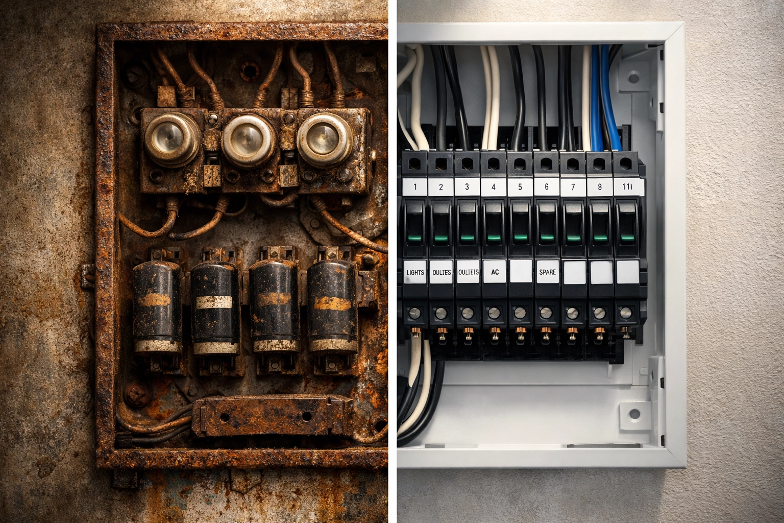 Old corroded electrical panel compared to new modern panel replacement