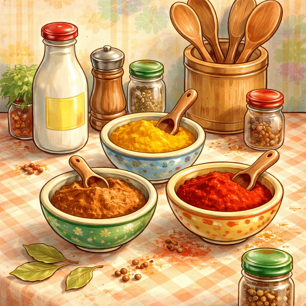 Kitchen table with small bowls of ground cinnamon, turmeric, paprika, and white paint for spice painting with kids
