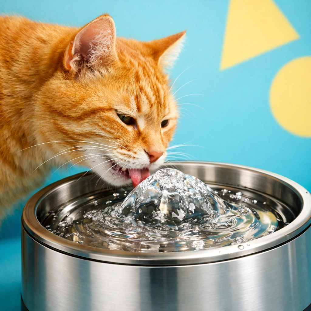 Cat drinking comfortably from elevated stainless steel water fountain with flowing water