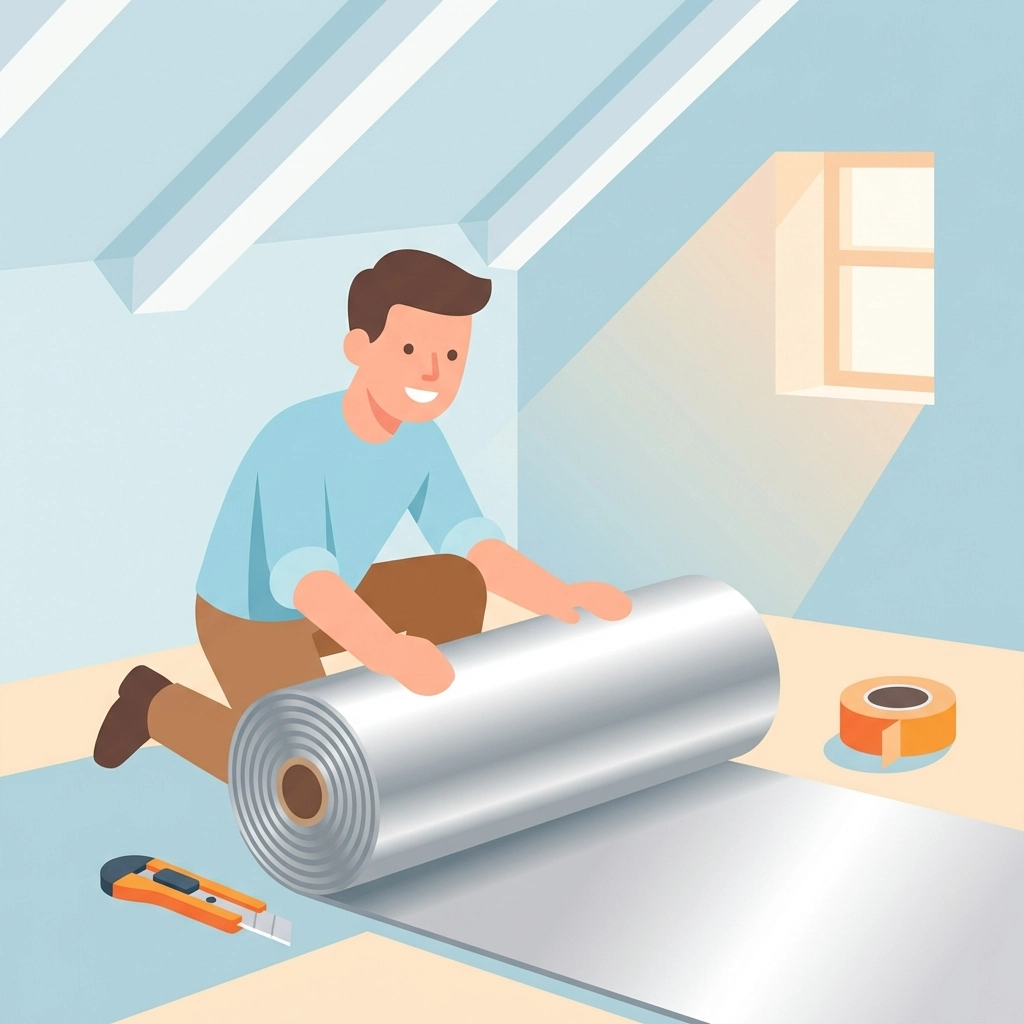 DIY homeowner installing multifoil loft insulation in a bright attic for improved energy efficiency