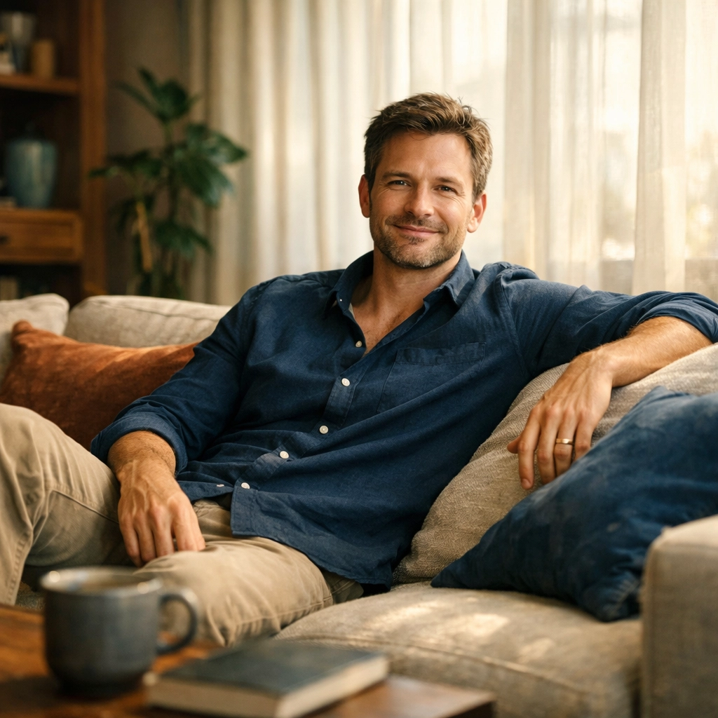 A relaxed man at home, illustrating mental well-being and confidence to overcome performance anxiety in men.