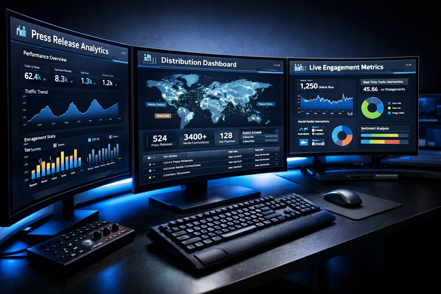 Press release automation dashboard with real-time analytics and distribution metrics for sports marketing agencies