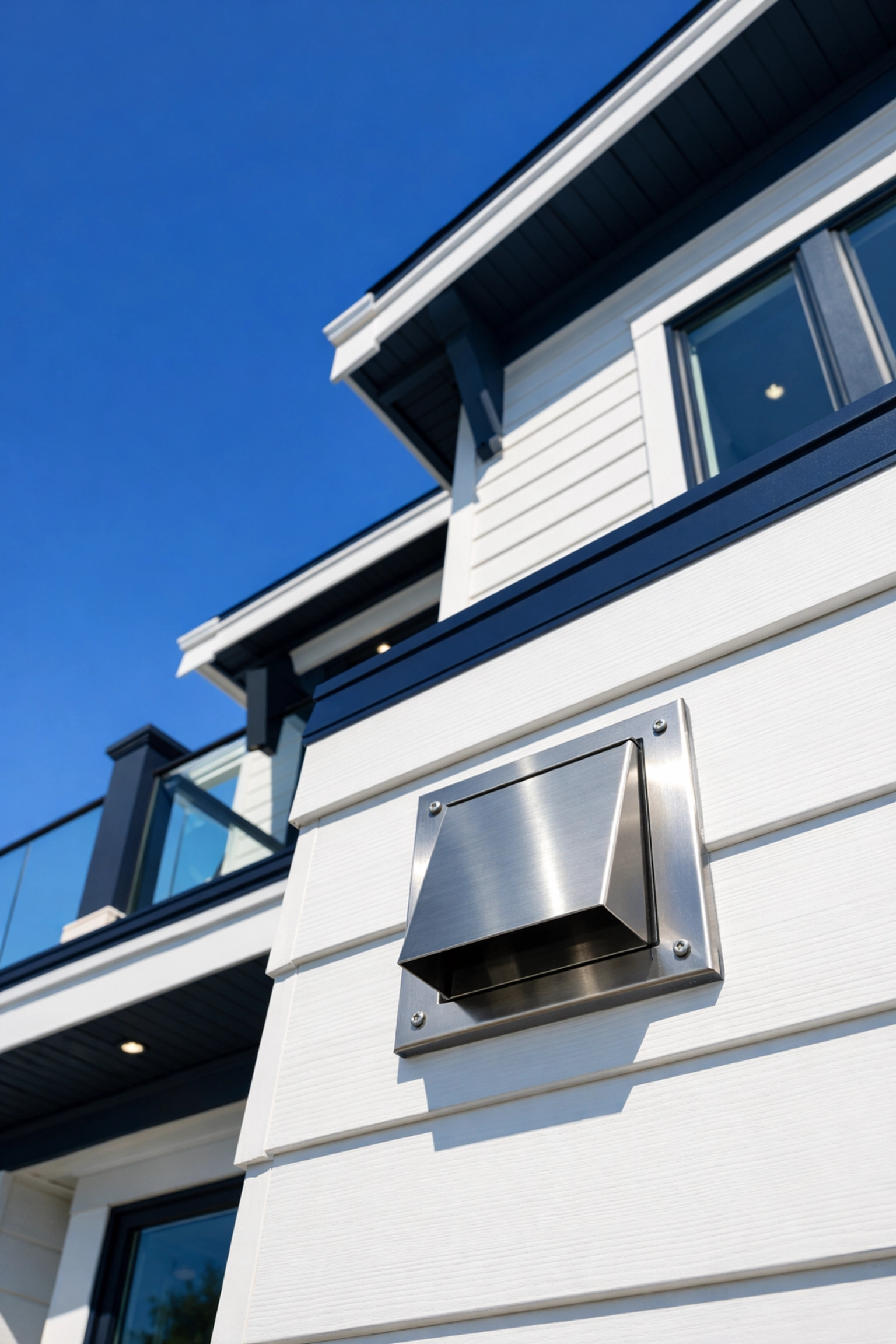Exterior view of a stainless steel dryer vent cover flap on a clean residential wall.