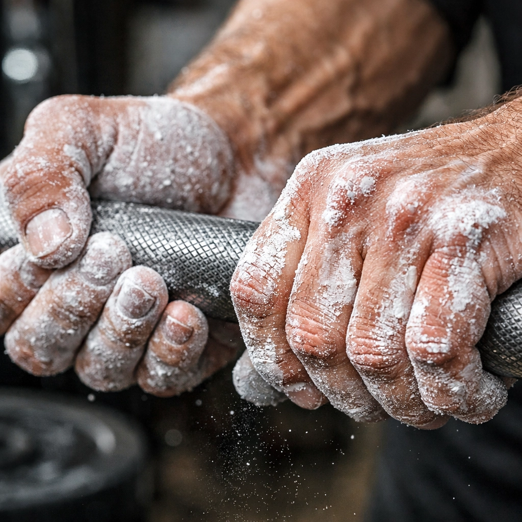 Muscular hands with liquid chalk gripping a pull up bar alternative in a versatile home gym setup.