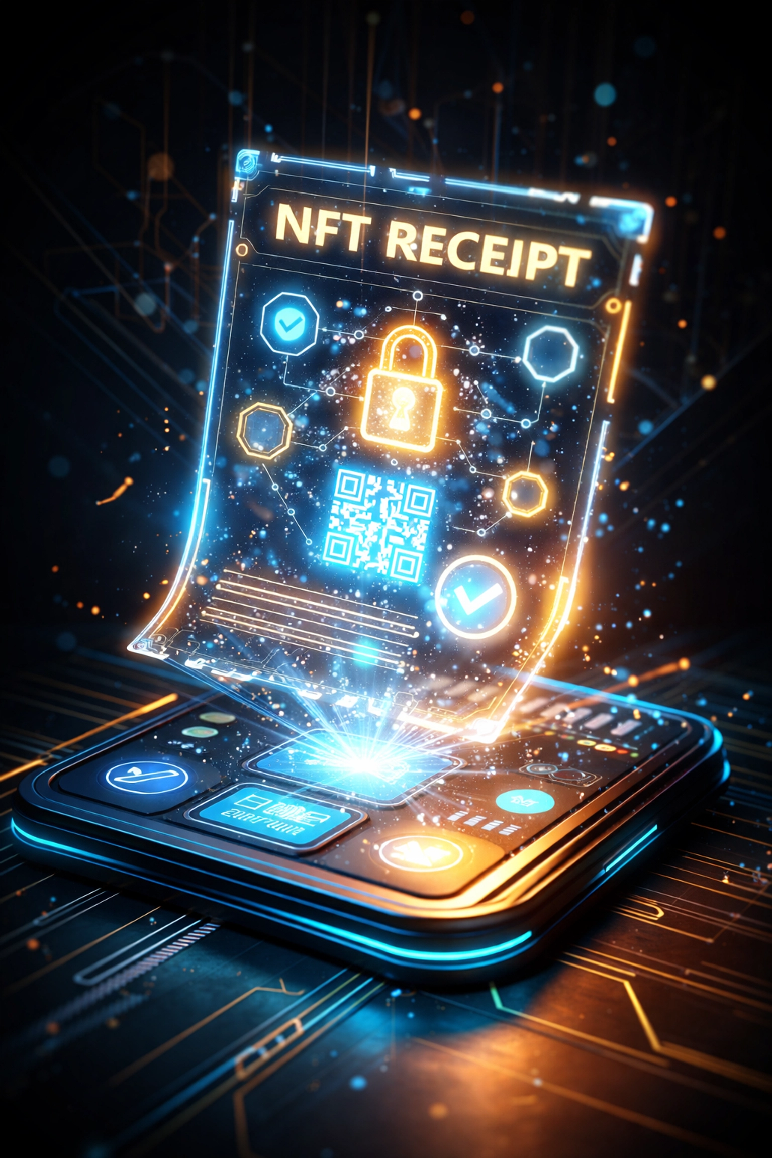 Holographic NFT receipt floating above digital wallet representing Larecoin's blockchain-verified transaction proof