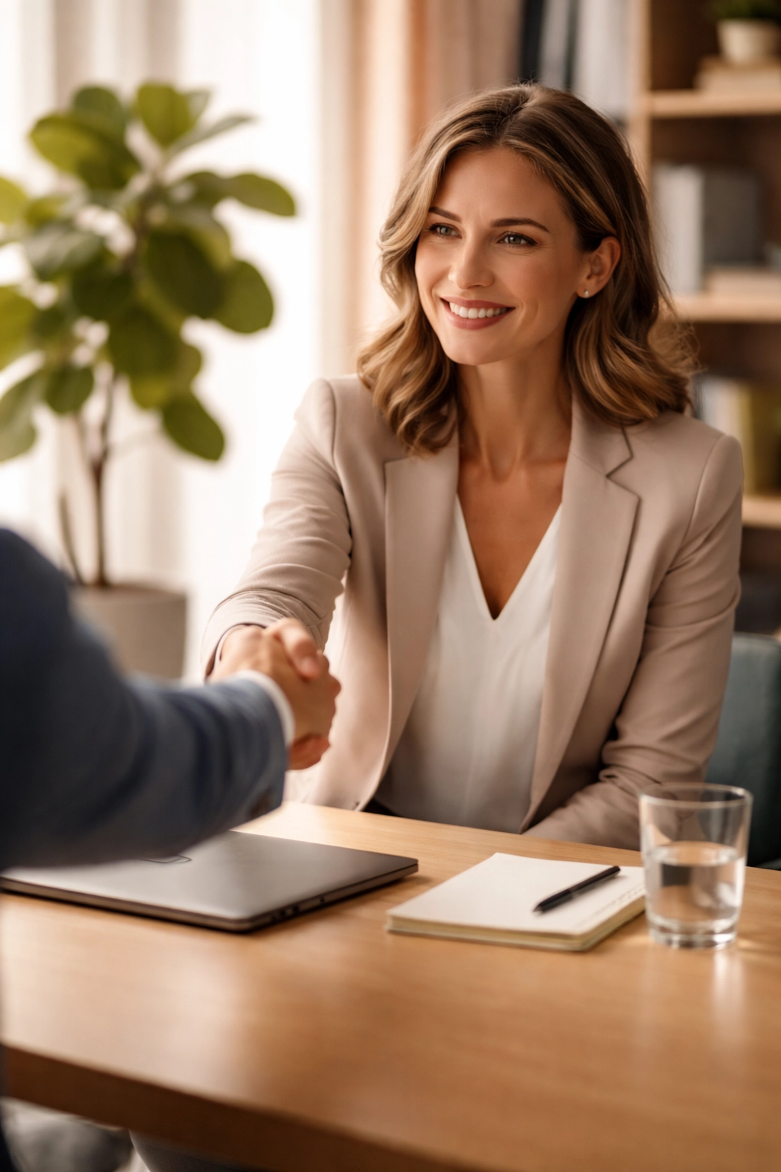 Businesswoman and client shaking hands in office, portraying trust in secure tax preparation and data protection