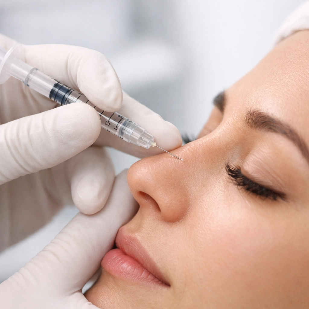 Doctor performing liquid rhinoplasty procedure with dermal filler injection