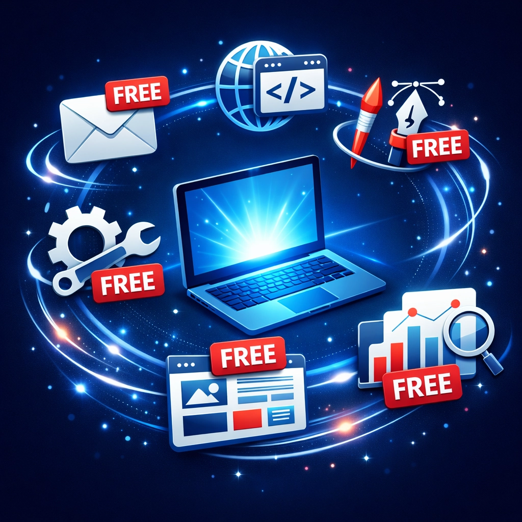 Free online business tools surrounding laptop for zero-cost startup