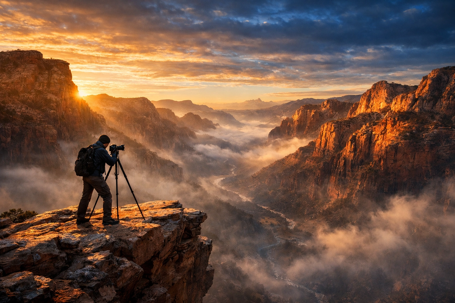 Landscape photographer capturing a canyon sunrise using professional compression techniques for high-quality results.