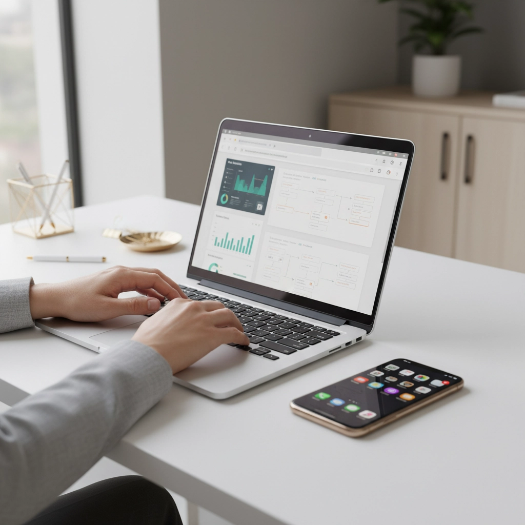 Hands typing on a laptop showing data charts. Smartphone on the white desk. Modern office setting with a plant and minimal decor.