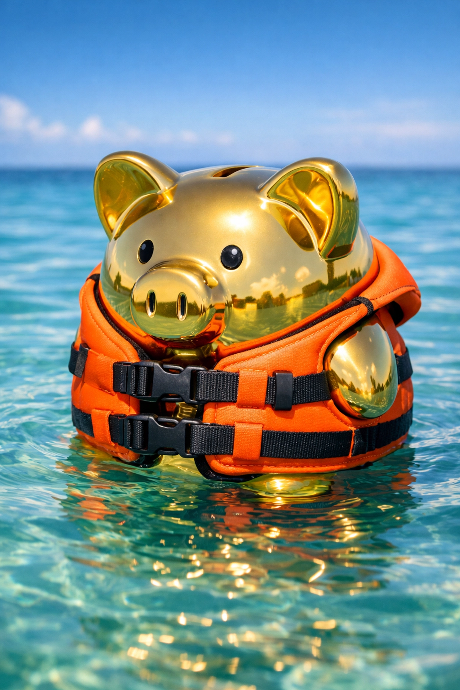 A golden piggy bank wearing a bright orange life vest floating on water, representing a 2026 emergency fund.
