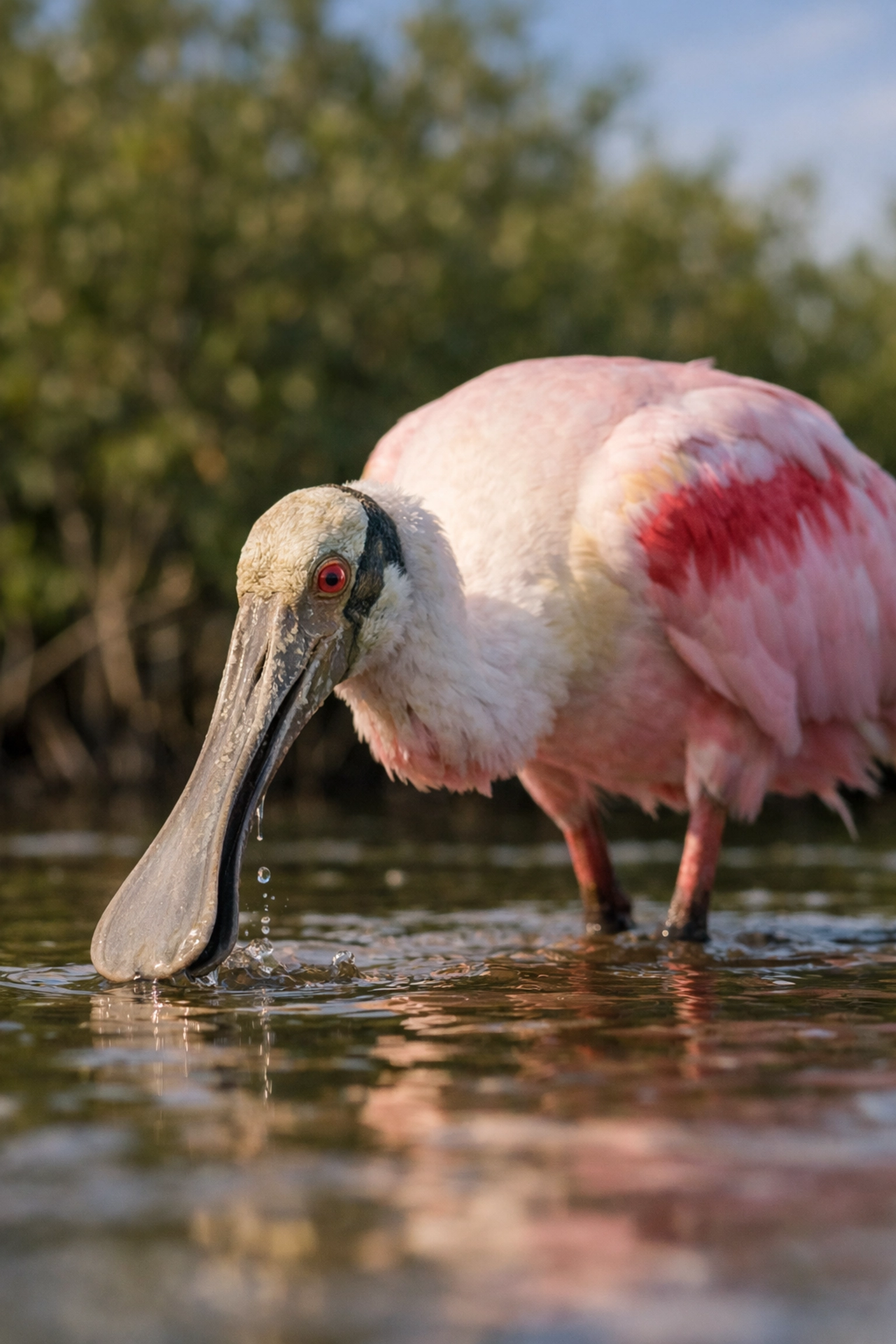 Roseate Spoonbill foraging at Eco Pond, showcasing fine-art wildlife photography Everglades skills and patience.