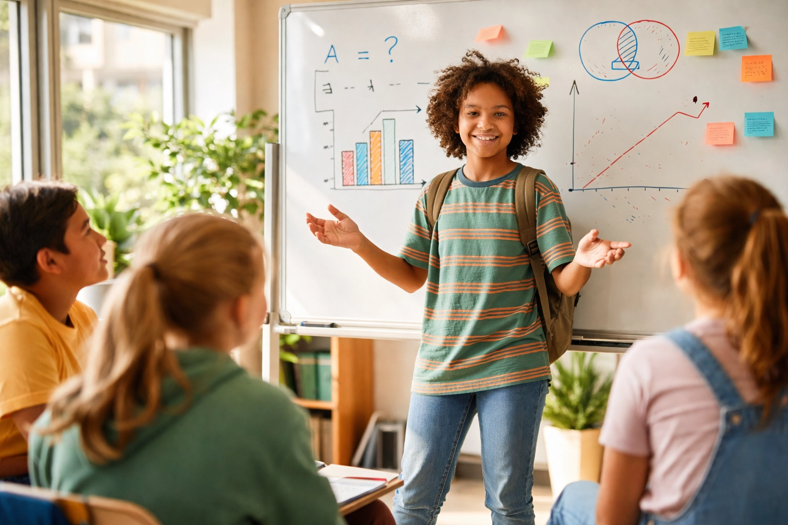 Diverse student confidently leading a problem-solving session, showing specialized skills in a collaborative classroom.