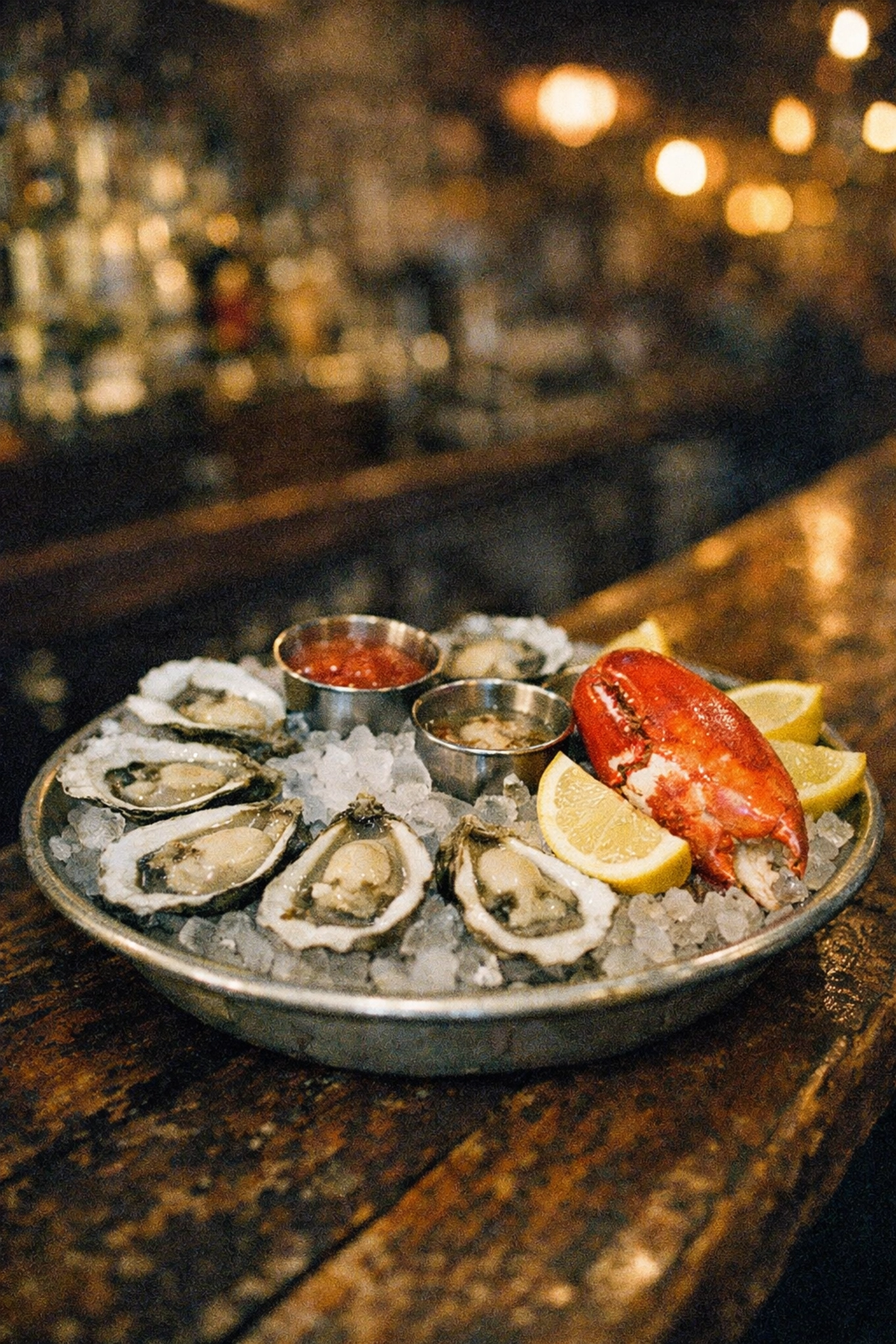 Fresh seafood platter with oysters and lobster at Joe Beef restaurant in Little Burgundy.