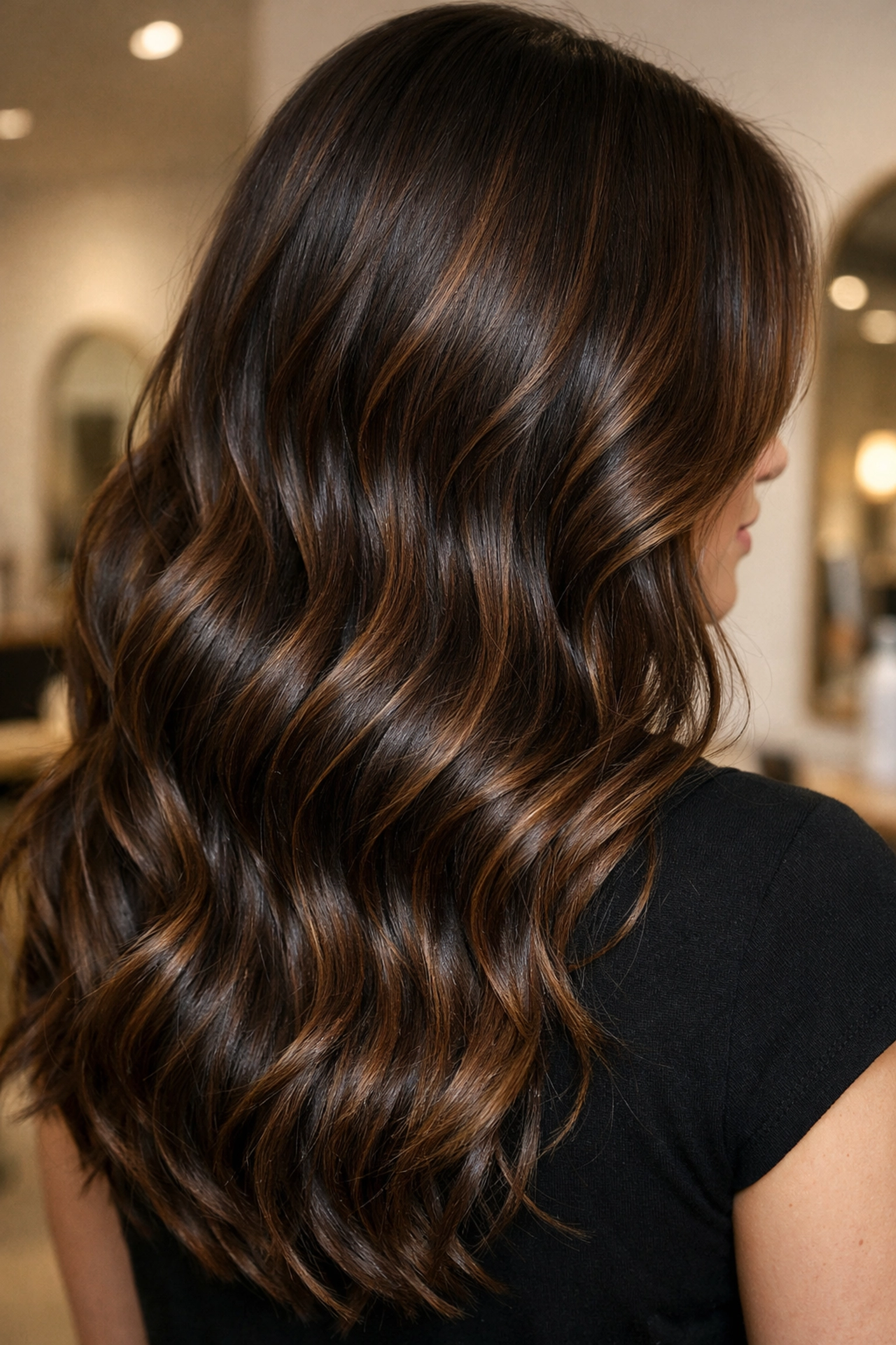 Glossy hot chocolate brunette hair with soft waves and seamless highlights in Concord NH.