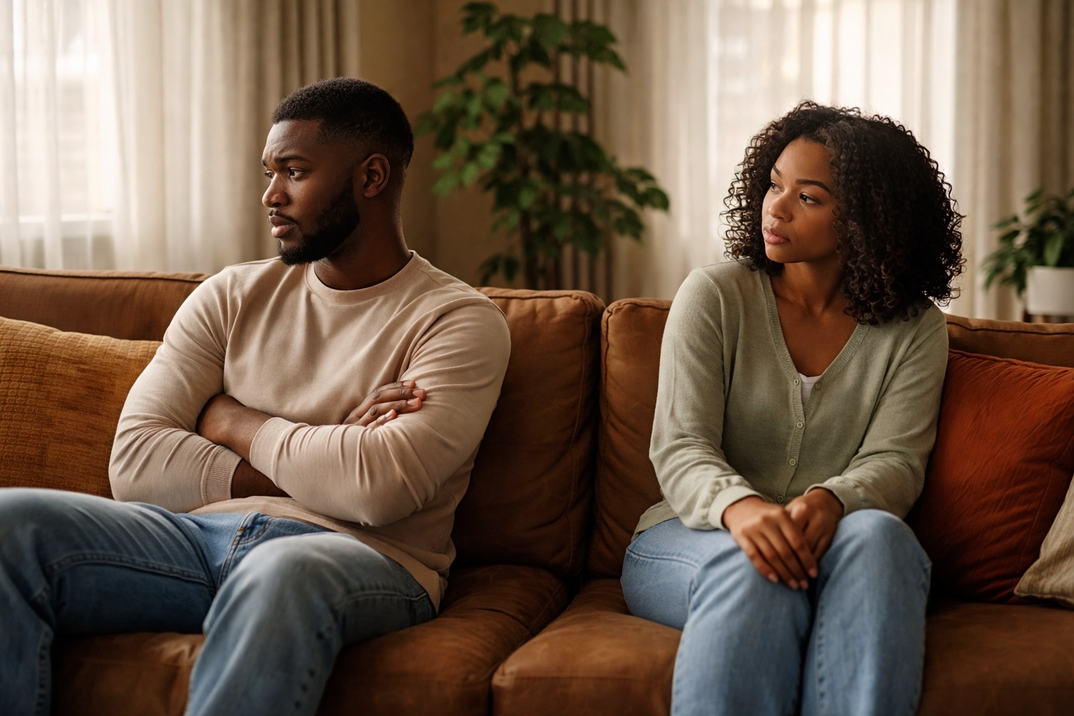 Black couple sitting apart on a living room couch, visually representing emotional distance and relationship conflict.
