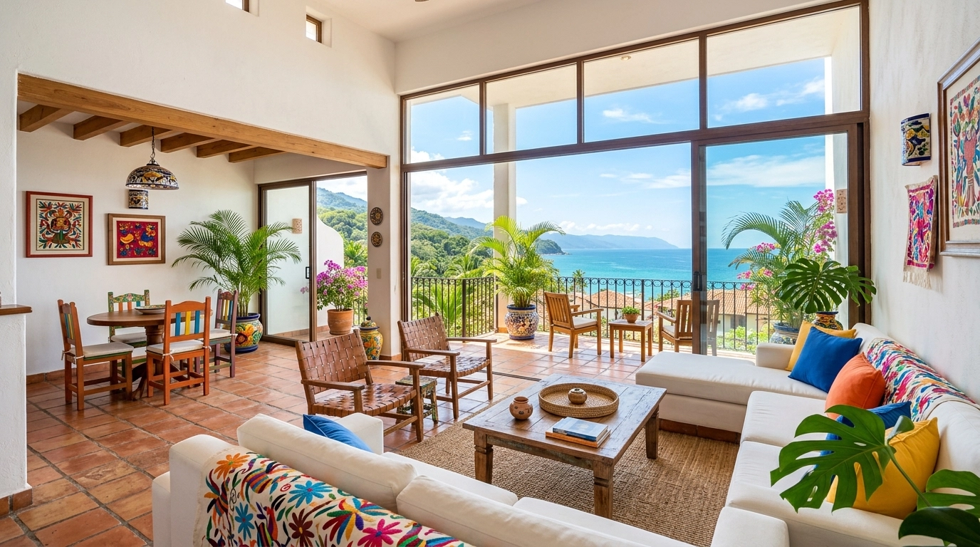 A bright and airy condo interior with tropical decor and ocean views