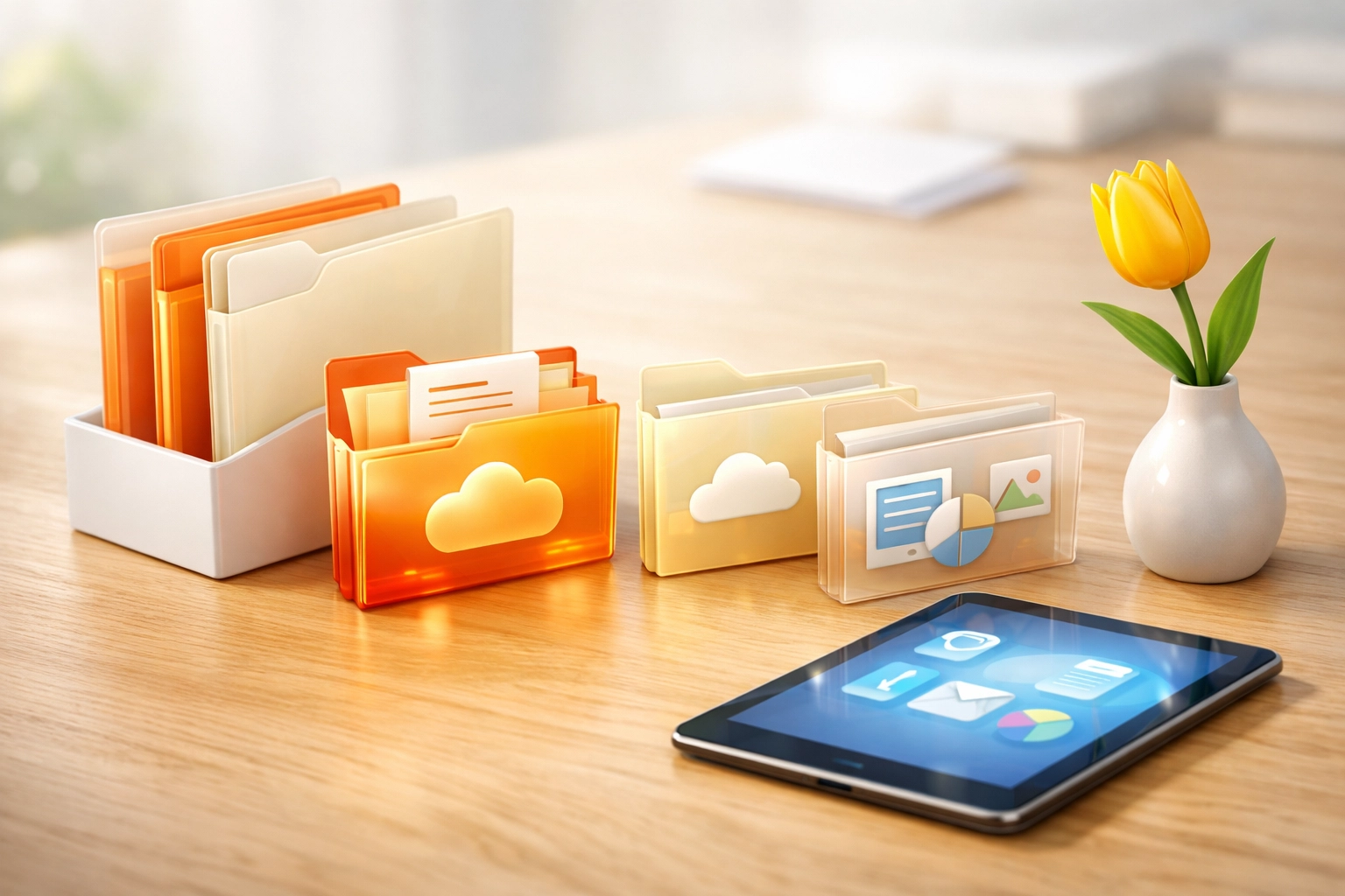 Organized medical folders and tablet representing a Missouri surrogate's medical history review during clinic screening.