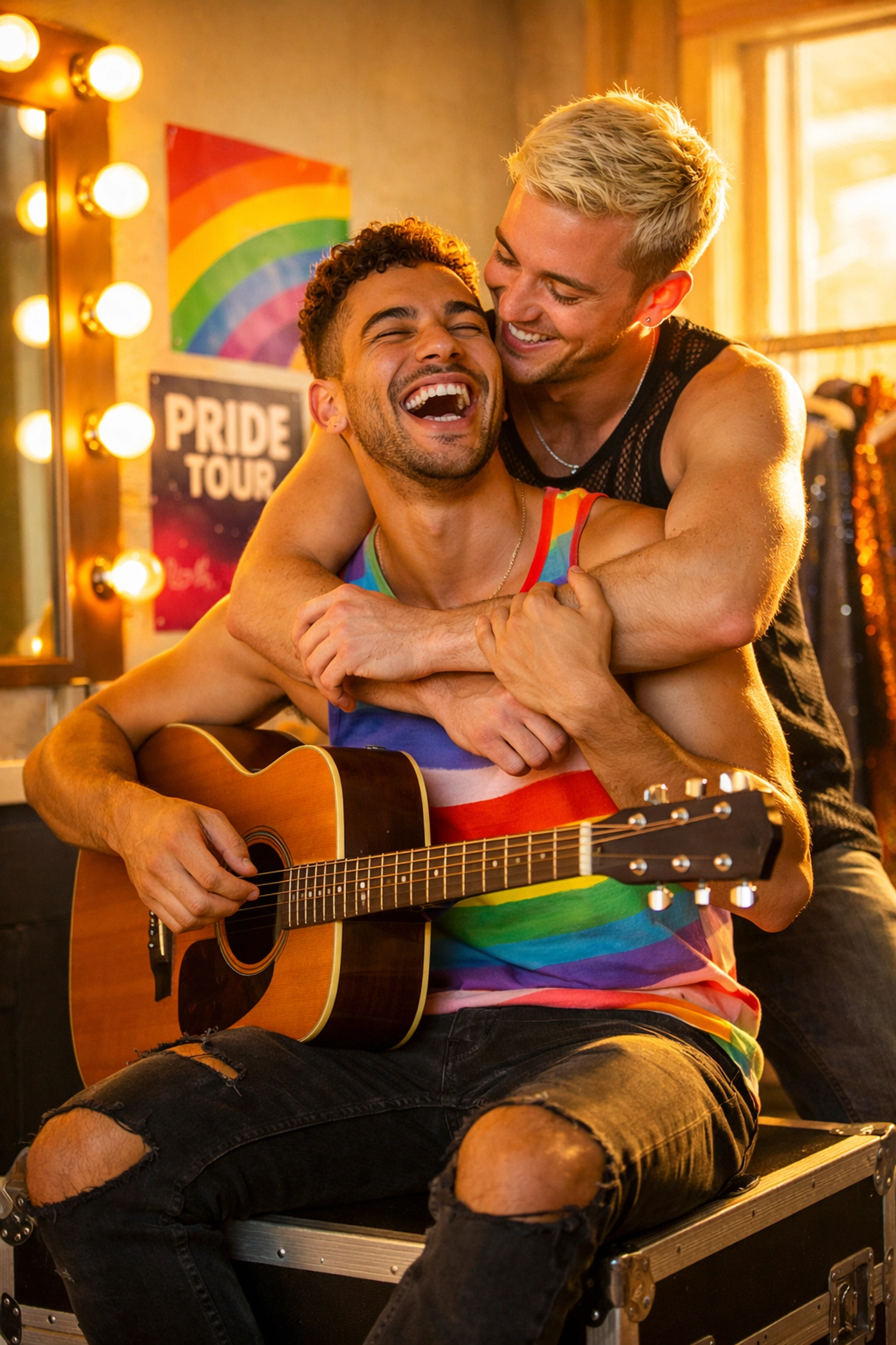 Two men laughing backstage, celebrating the queer joy and happy endings found in modern MM novels.
