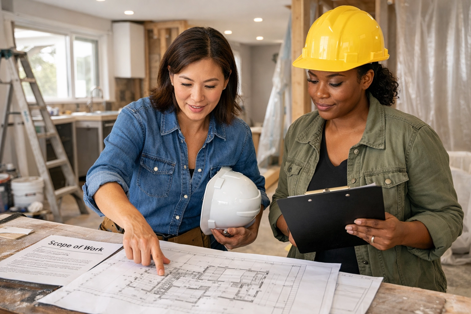 Women real estate partners exchanging keys for a house flip project over a business meeting.