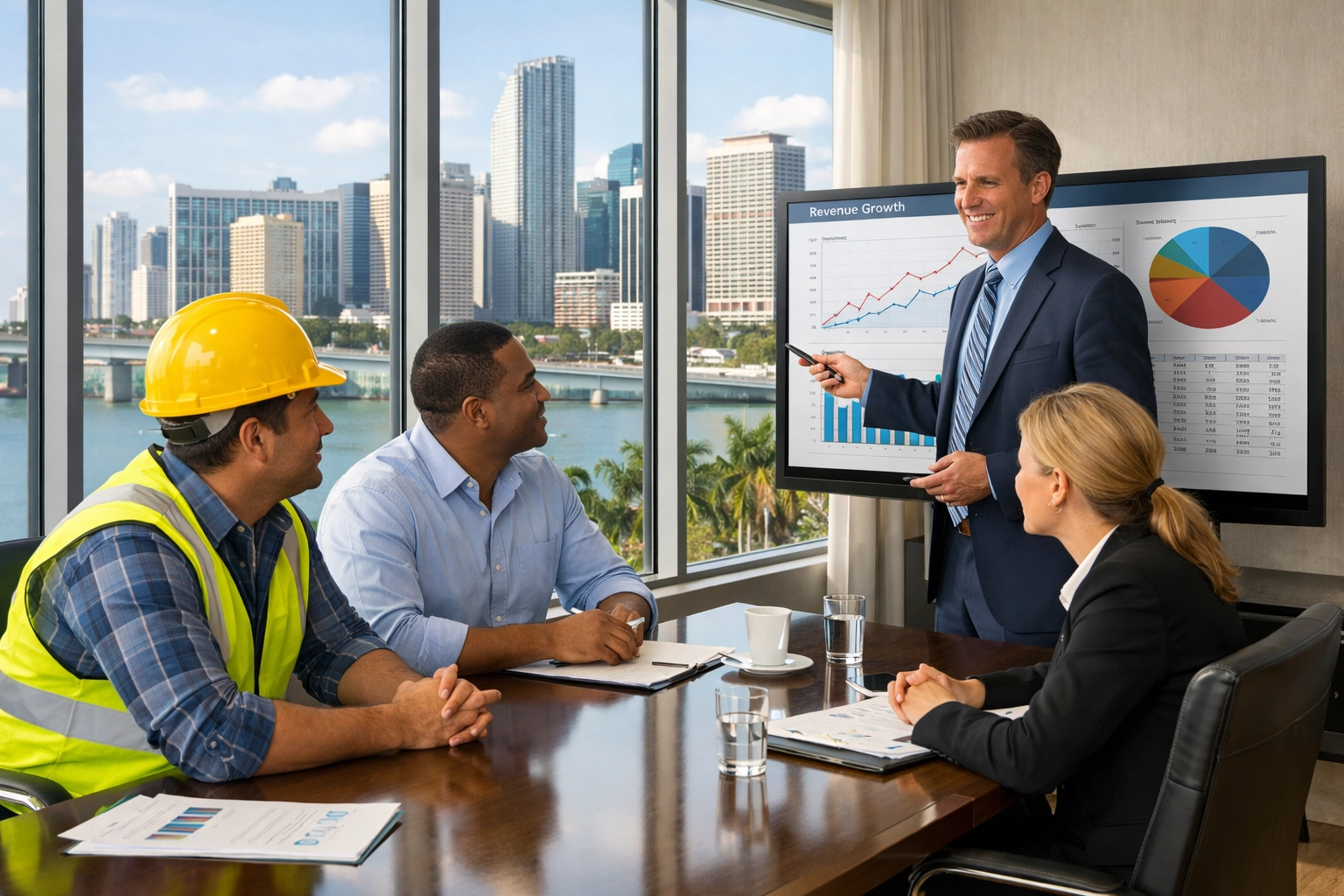 CFO presenting strategic financial planning to diverse small business owners in Miami