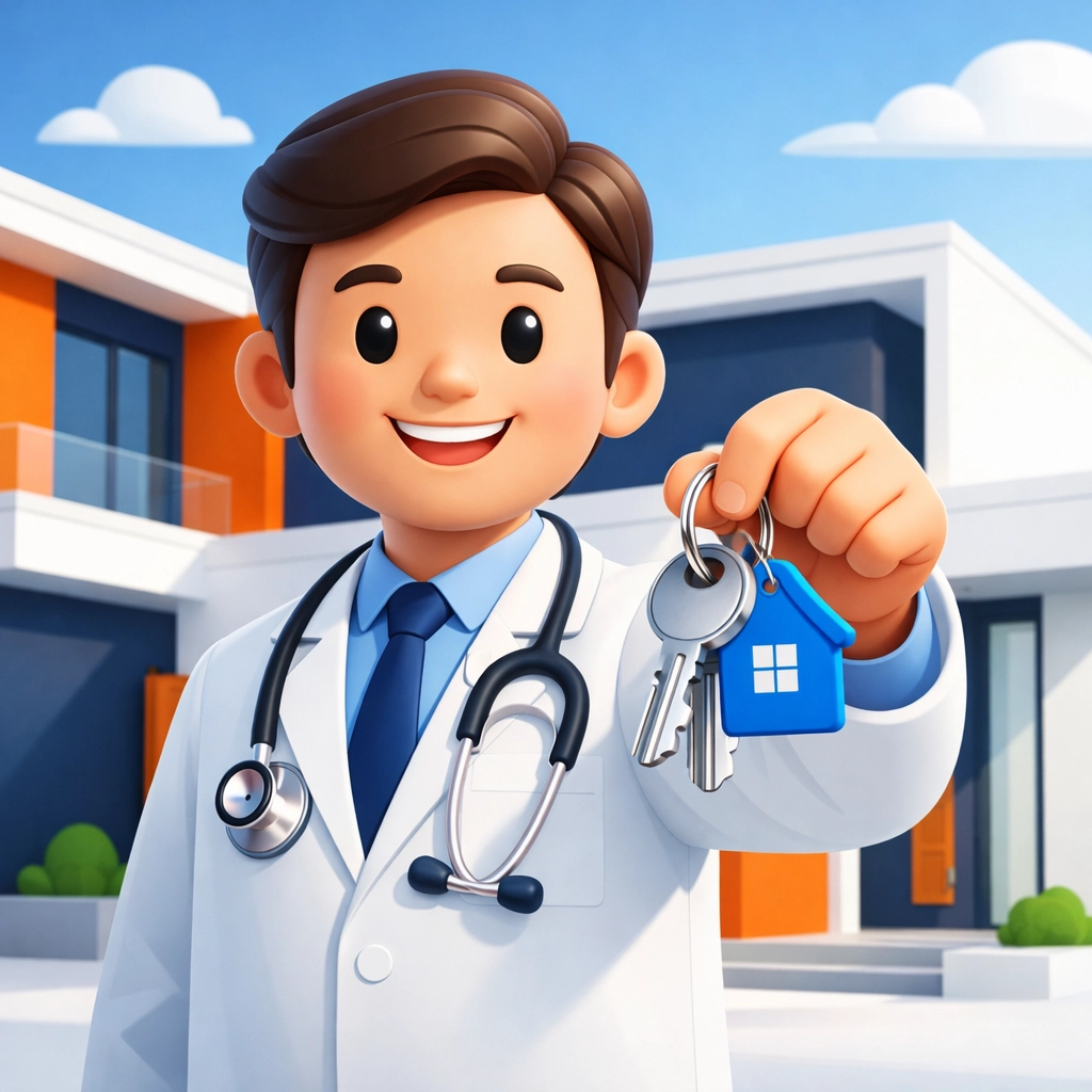 Medical professional holding keys in front of a modern house representing a physician mortgage loan.
