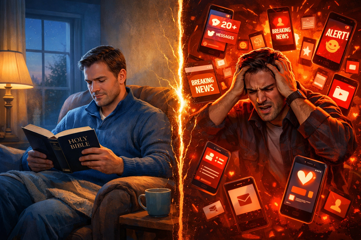 Person reading Bible peacefully contrasted with stressed person surrounded by news notifications