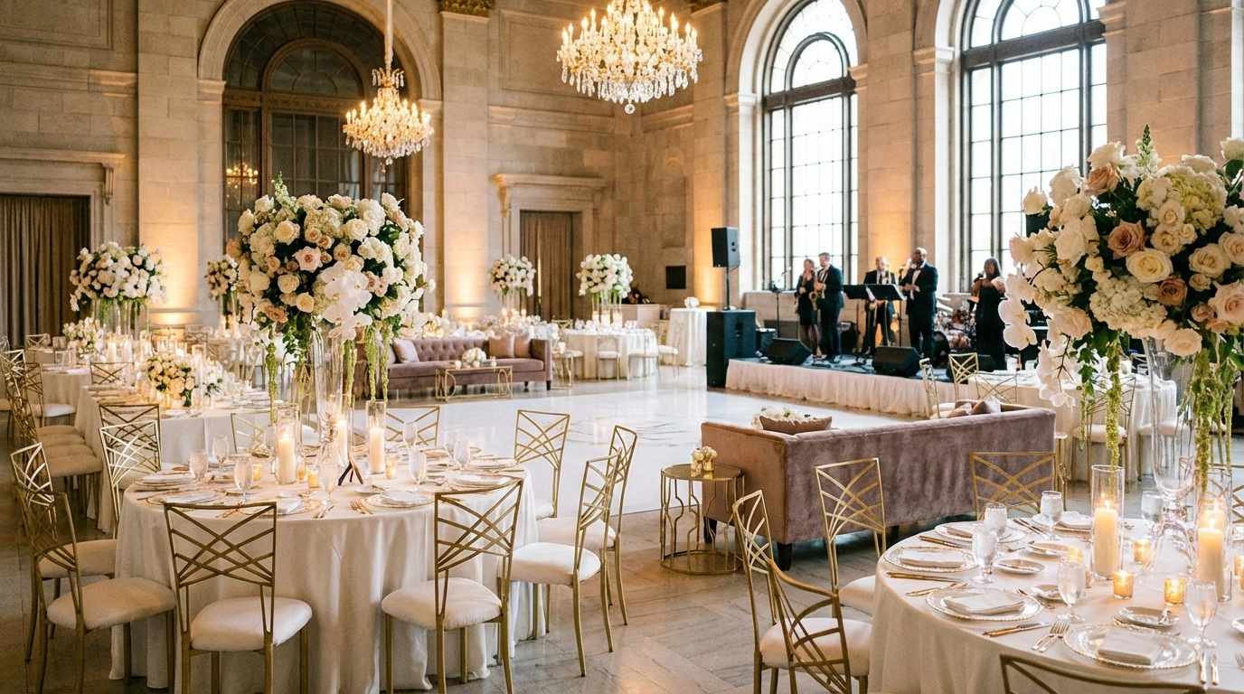 Elegant wedding event setup with luxury furniture rentals, gold chairs, lush florals, and upscale ambient lighting