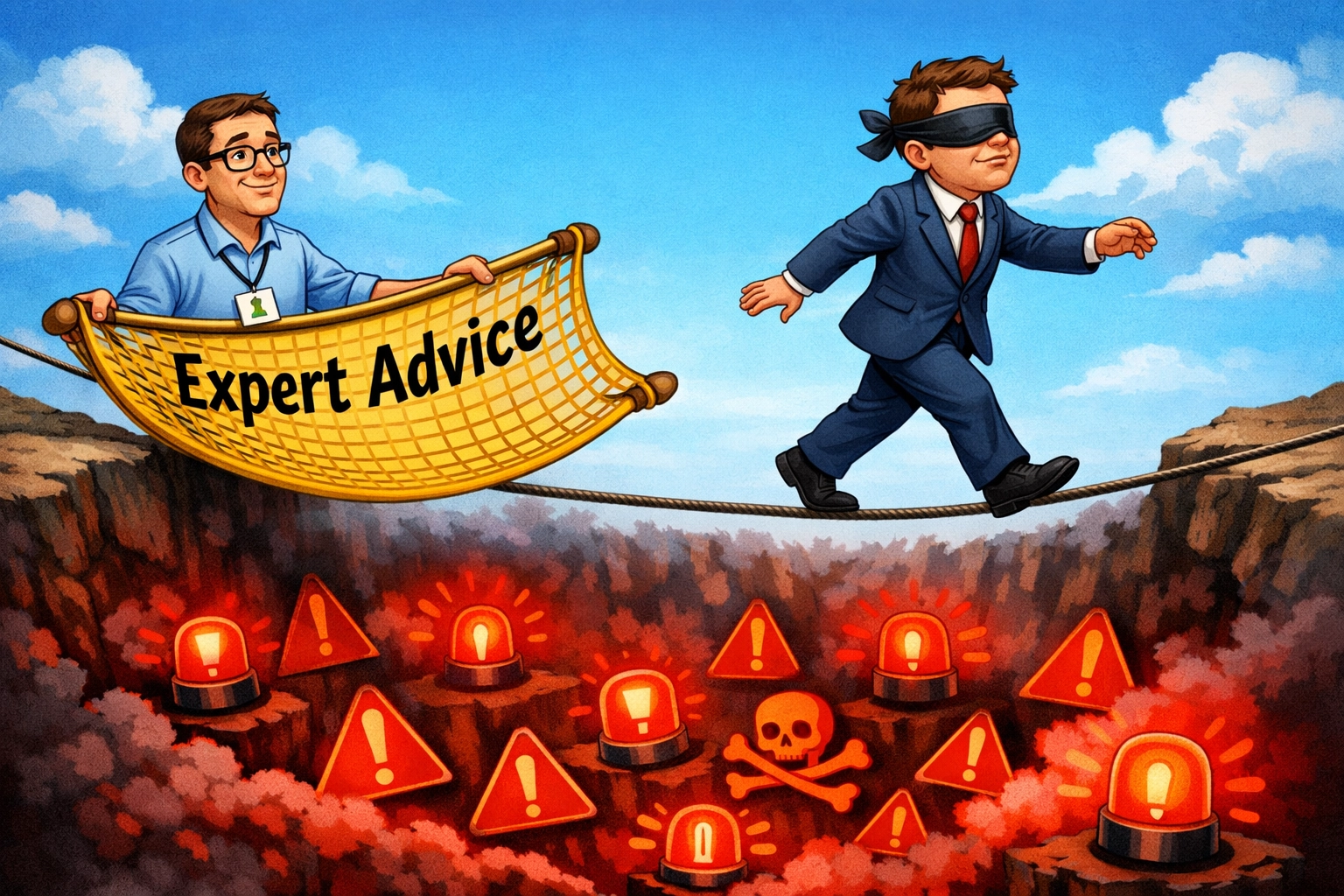 Business owner blindfolded ignoring IT expert advice while walking toward cybersecurity risks