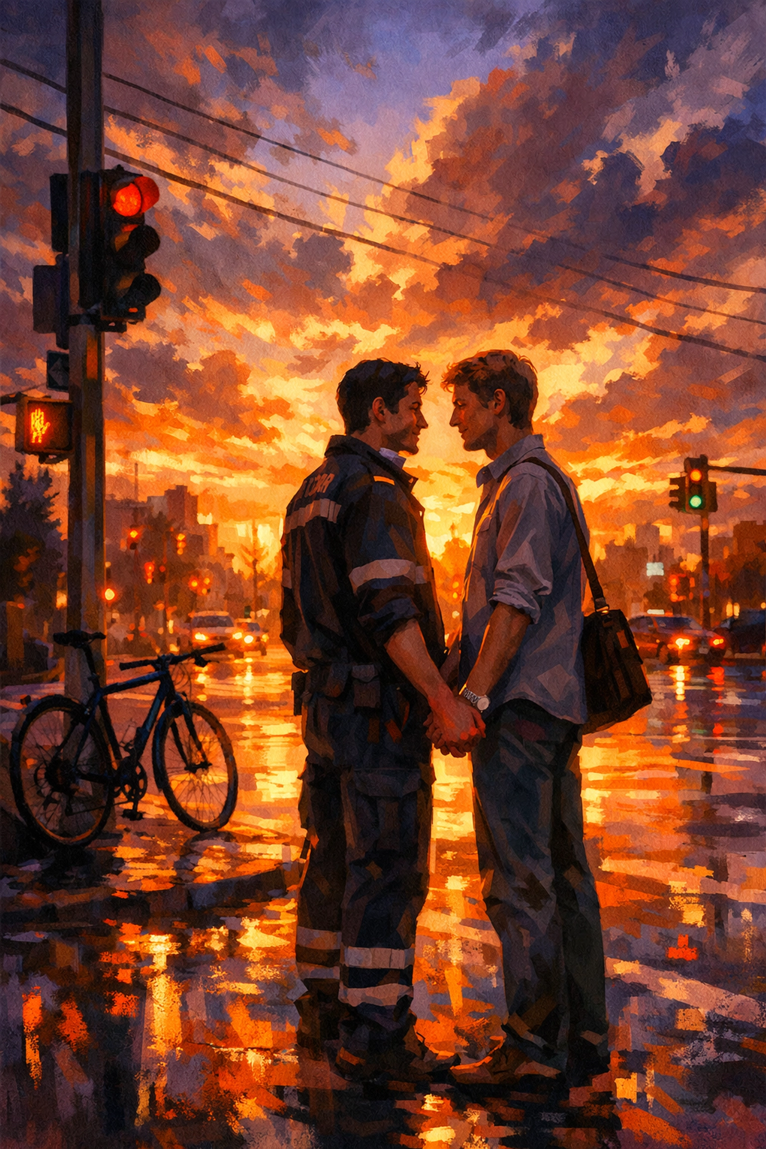 Two men holding hands at intersection where they met - gay love story sunset scene