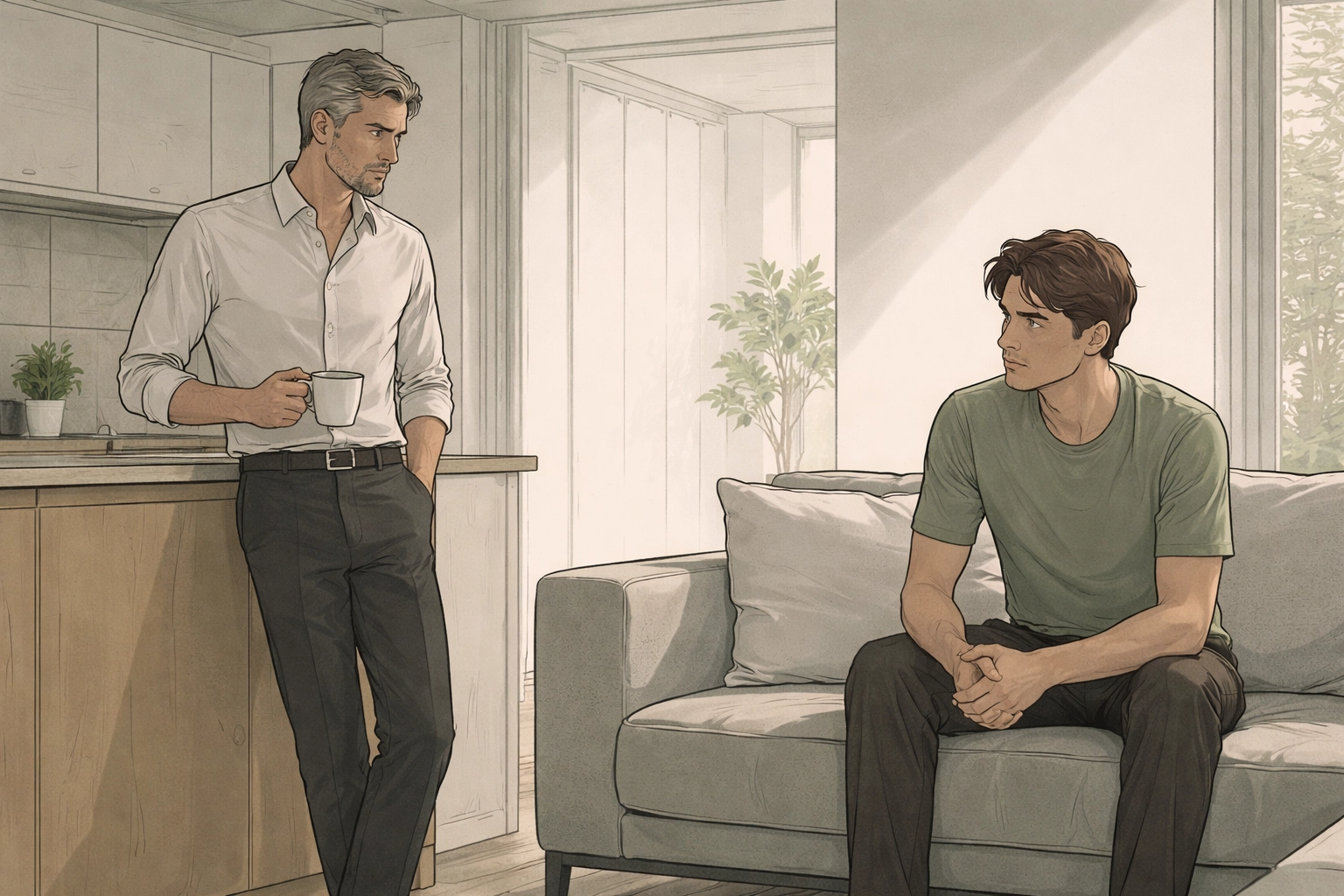 Older and younger men share a tense, intimate moment in a minimalist San Francisco loft, highlighting forbidden passion in an MM romance setting.