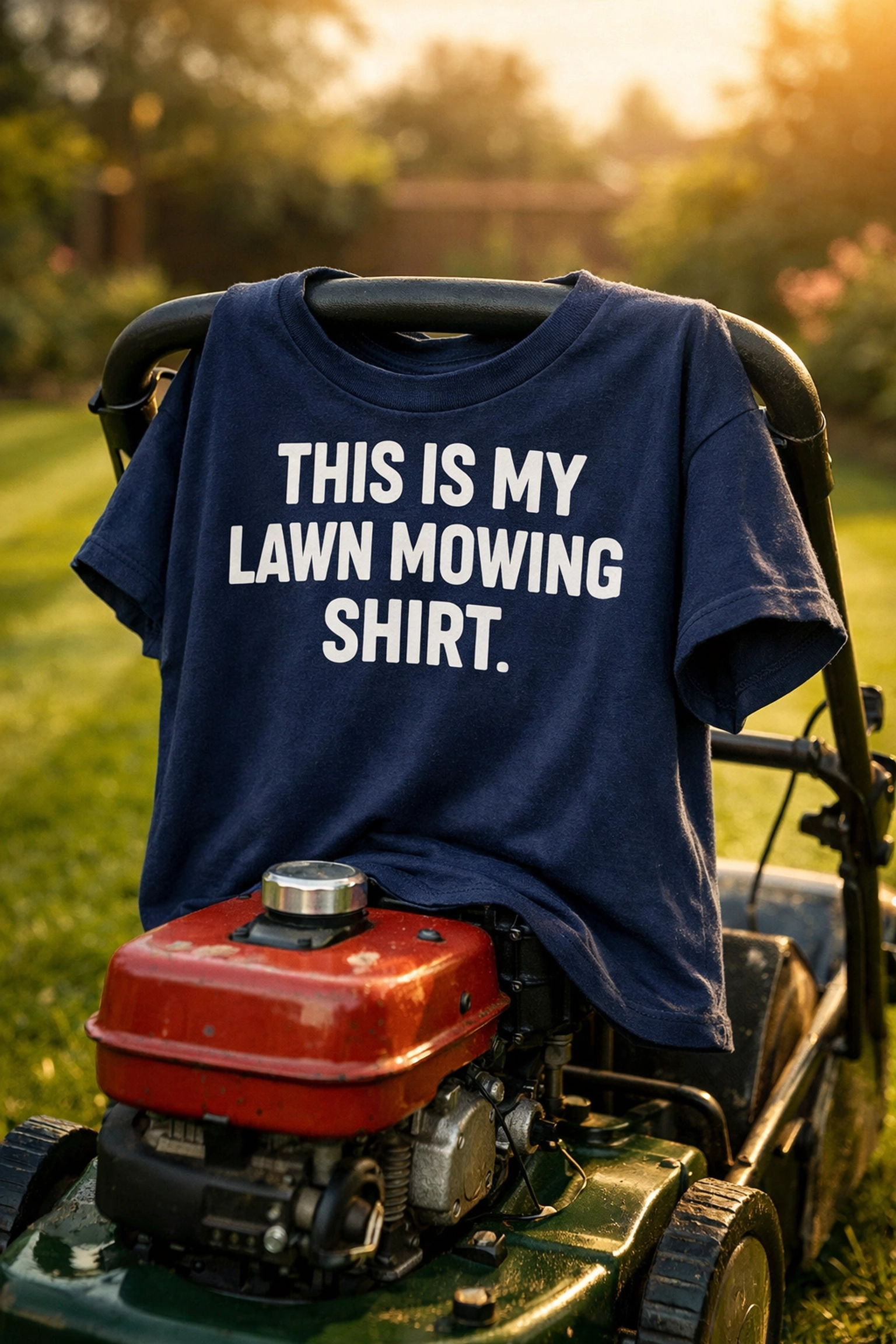 Navy 'This Is My Lawn Mowing Shirt' on a mower handle over a perfectly striped green British lawn.