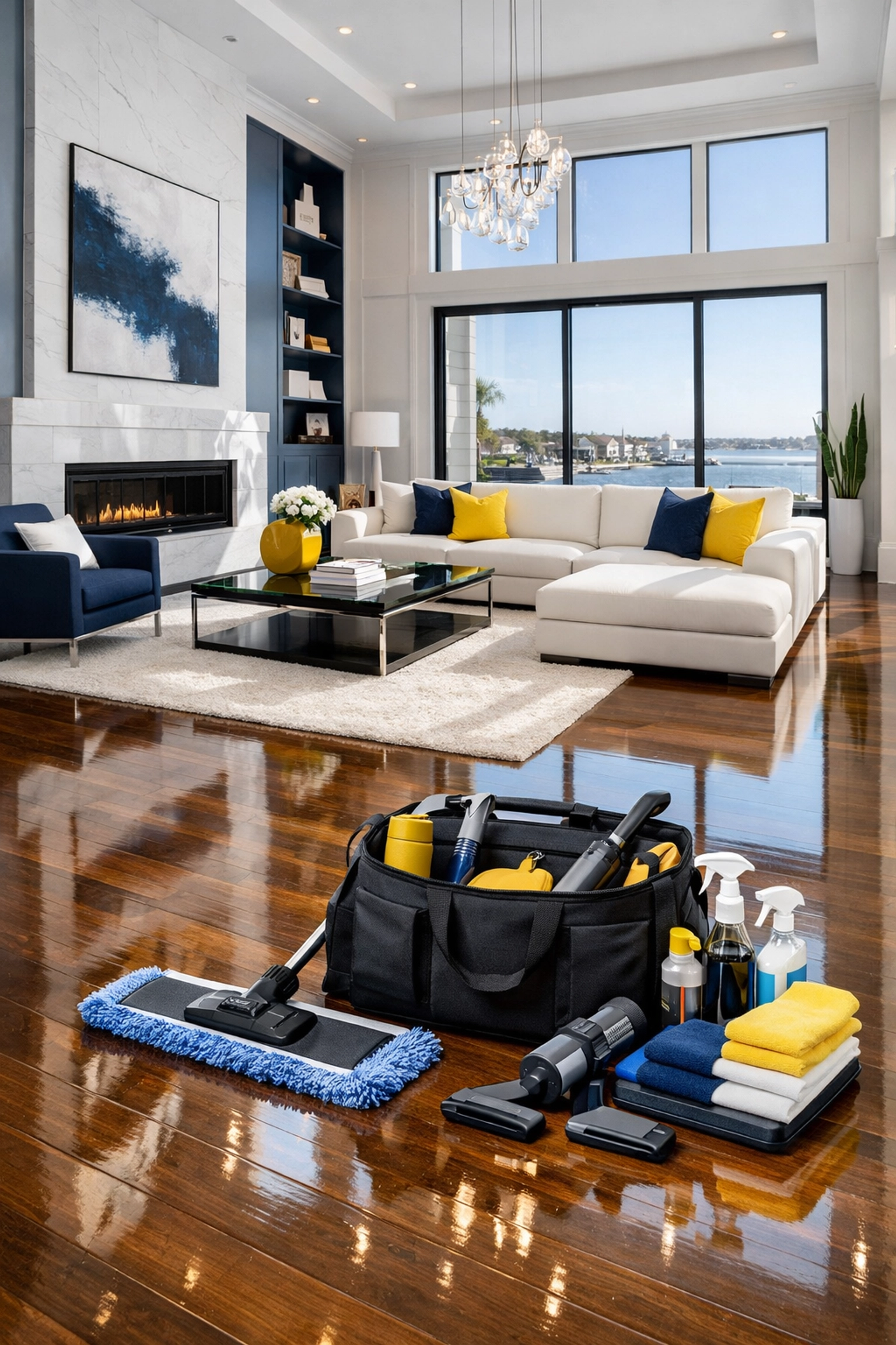 Professionally cleaned luxury living room in Dover, MA with organized furniture and high-end hardwood floors.