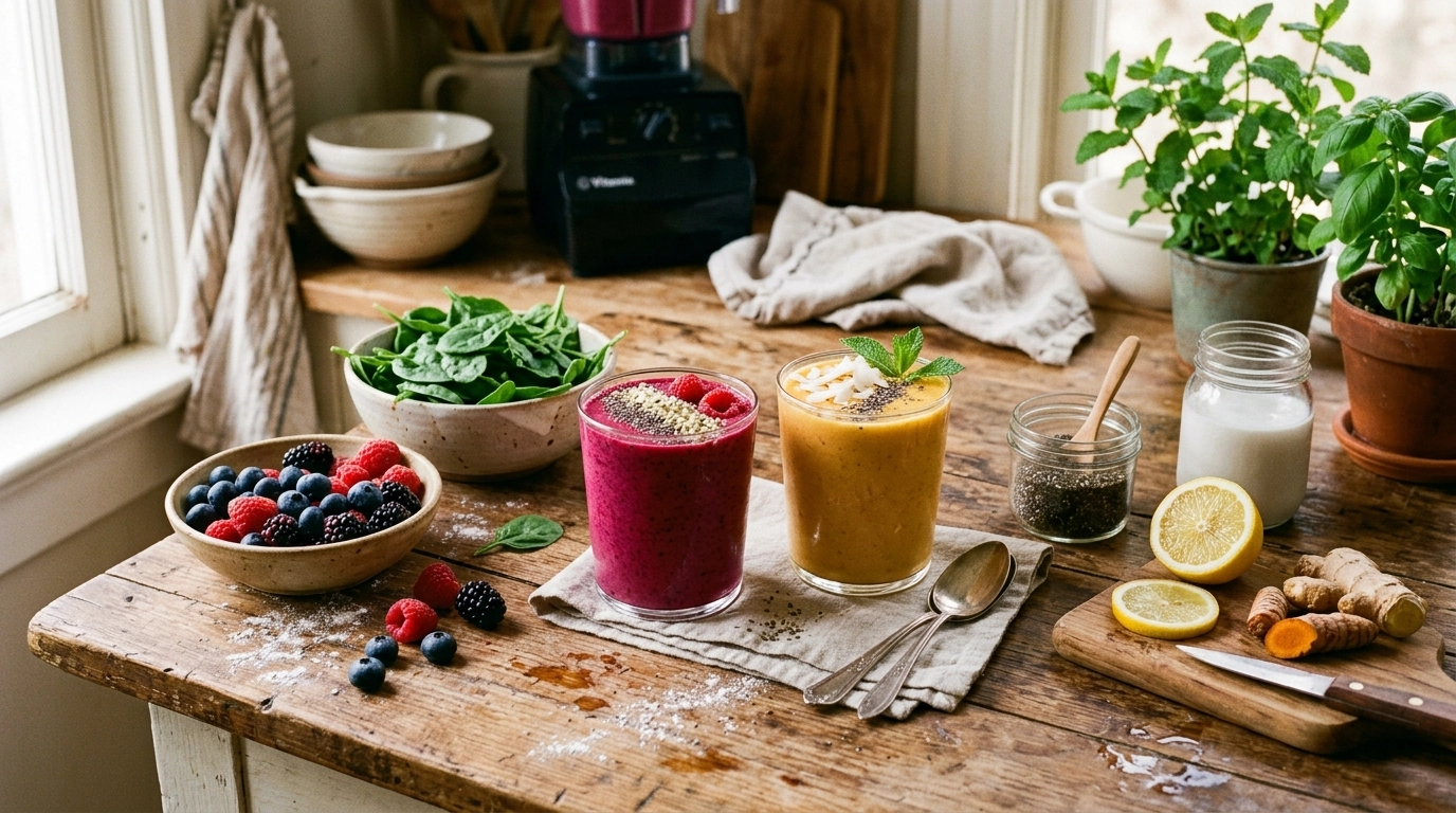 Two colorful anti-inflammatory smoothies beside fresh berries, spinach, and chia seeds on a warm kitchen counter