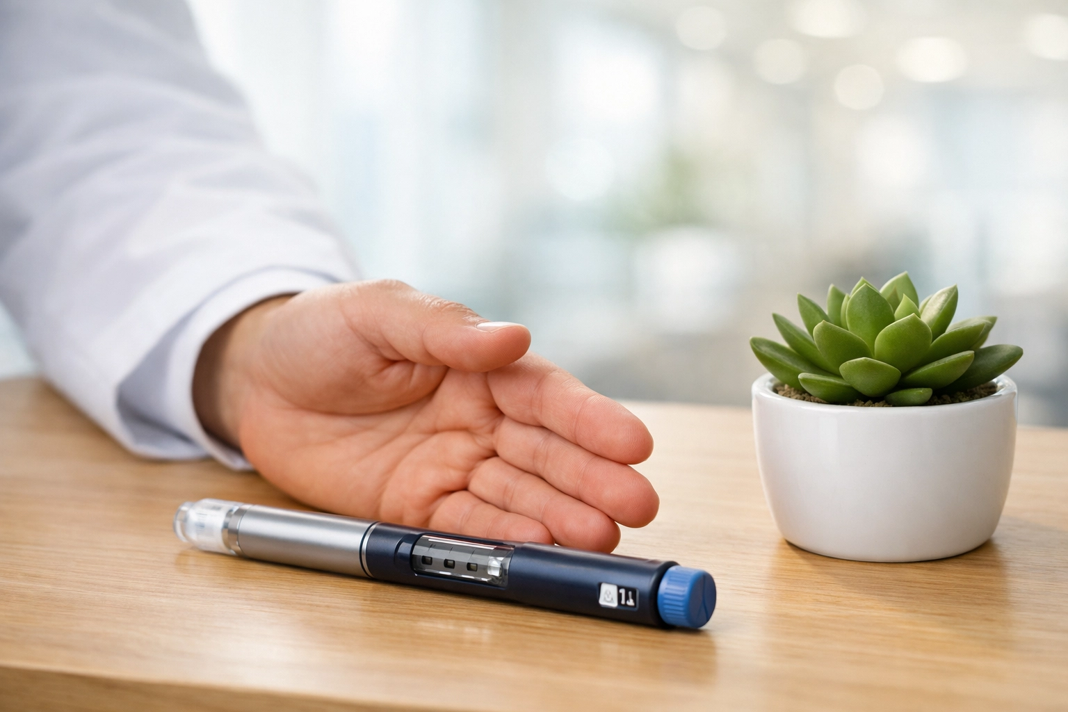 Medical injection pen on a desk during a consultation for Wegovy alternatives and weight loss.