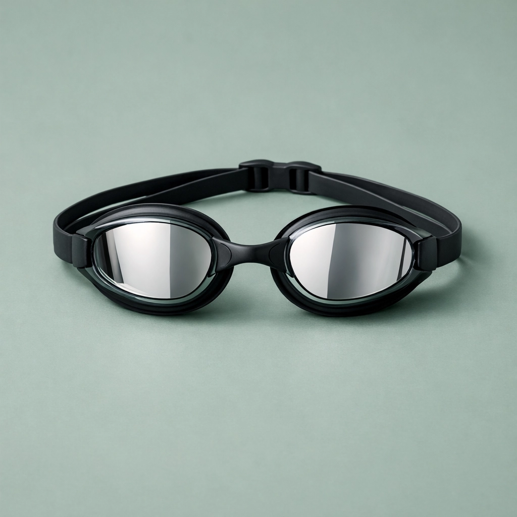 Professional swimming goggles on a green background representing focus on respiratory and muscle performance.