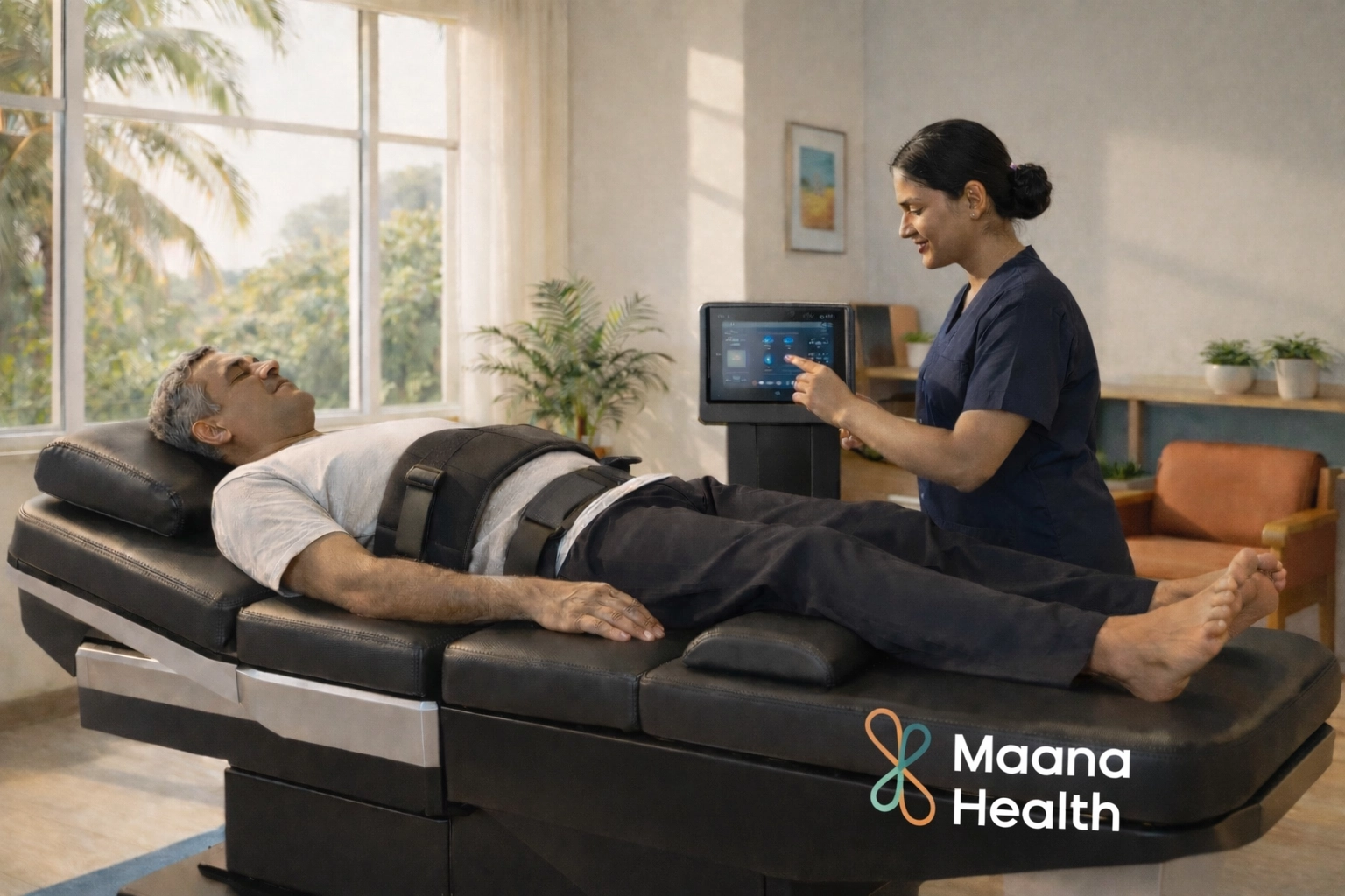 Non-invasive spine treatment without surgery using a SPINE-MT decompression table at a Maana Health clinic in Kerala.