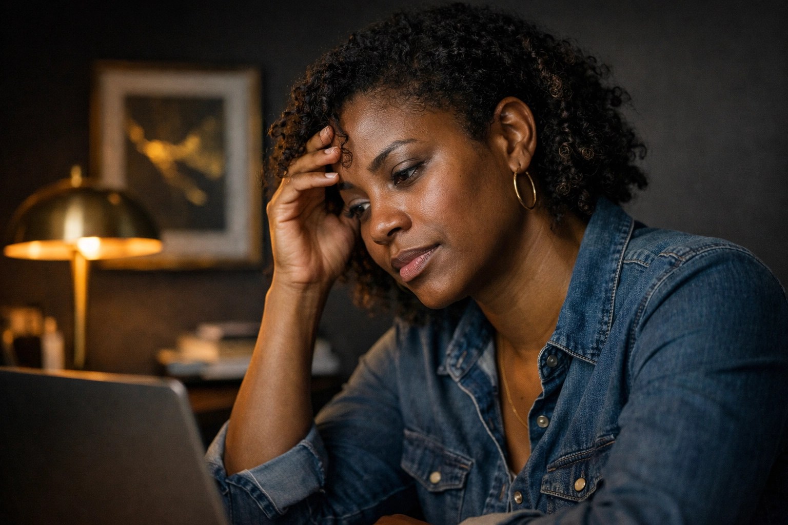 Woman at home office desk managing high productivity stress and always-on tech culture expectations.