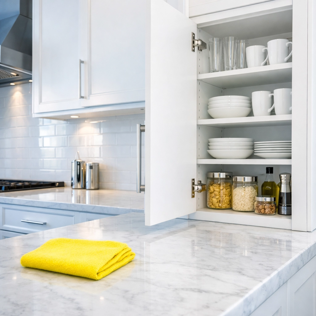Pristine white kitchen in a Boston apartment showing deep cleaning detail and organized cabinets.